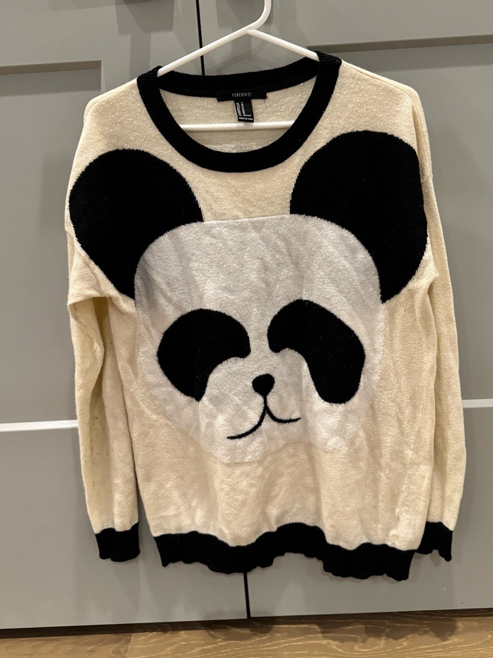 Forever 21 Cream and Black Panda Face Crewneck Sweater